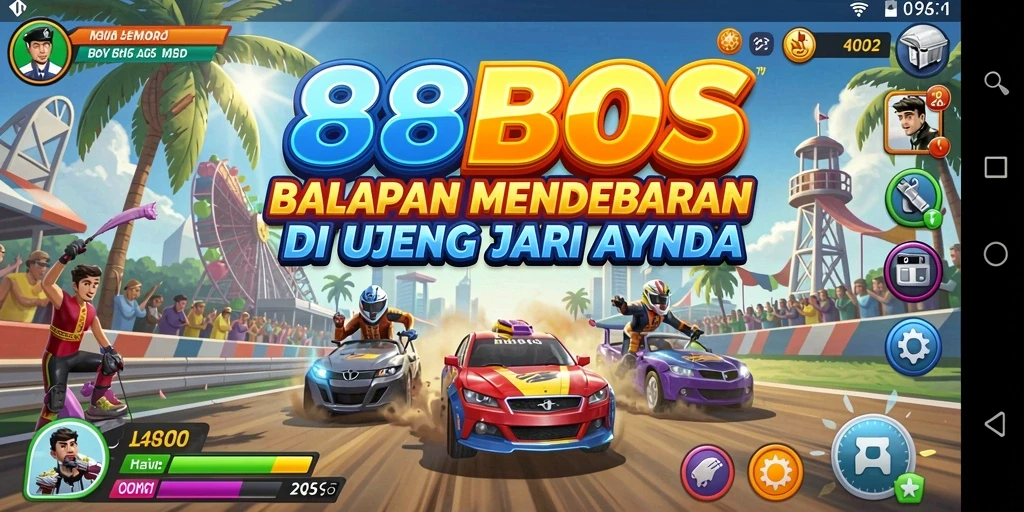 Screenshot game Racing 88BOS menampilkan aksi balapan seru dan mobil cepat.
