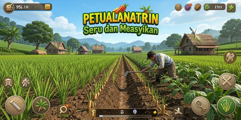 Tangkapan layar gameplay 9SL yang menampilkan kegiatan bertani yang seru.
