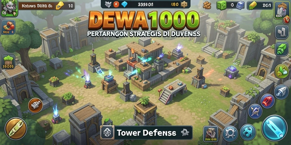 Gameplay seru DEWA1000 dengan menara strategis melawan musuh.