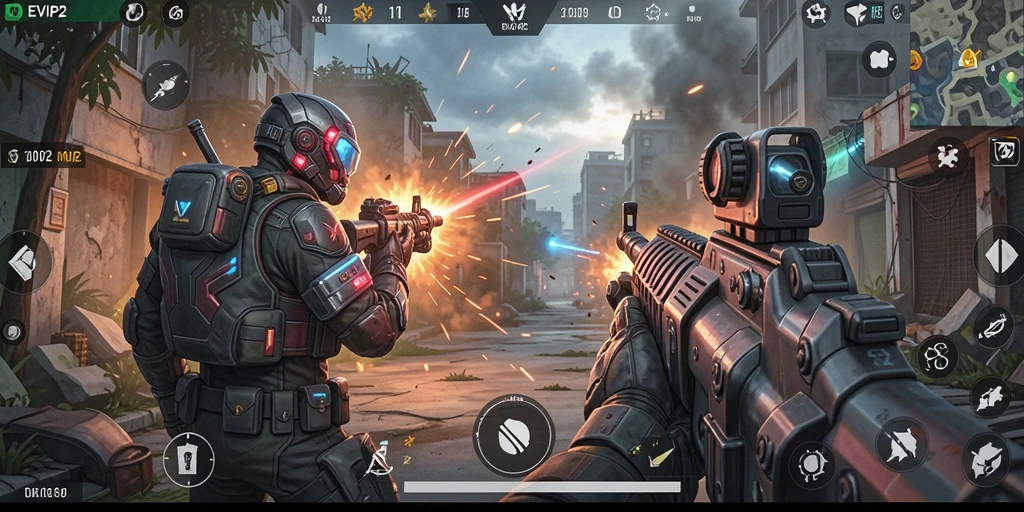 Screenshot gameplay EVIP2 yang menegangkan dalam pertempuran FPS.