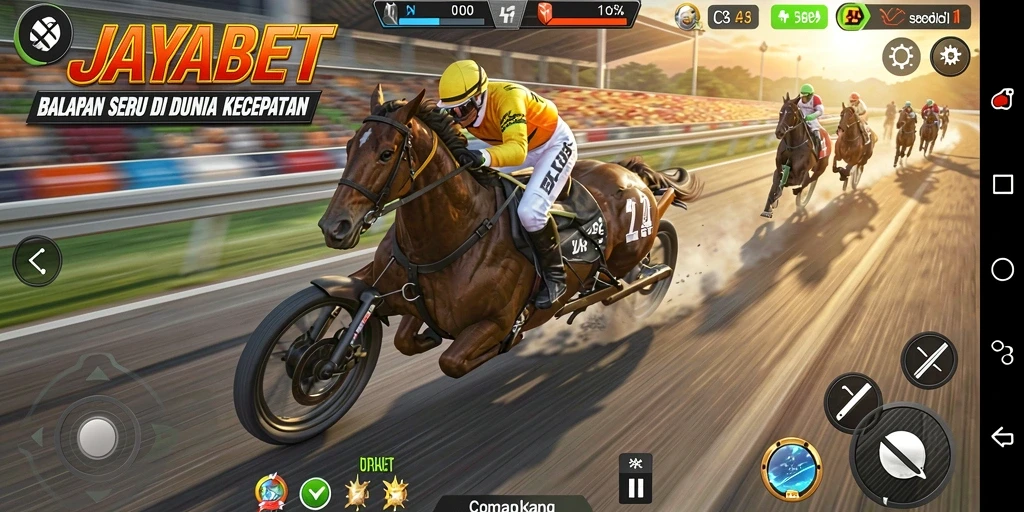 Gameplay JAYABET: Balapan dengan kendaraan kustom di lintasan menantang.