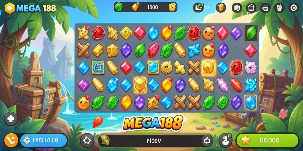 Tangkapan layar MEGA188 menampilkan gameplay Match-3 yang seru dan penuh warna.
