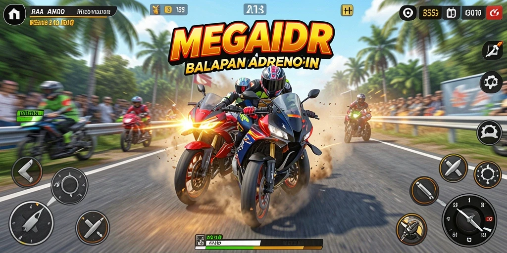 Tampilan gameplay seru dalam balapan motor di MEGAIDR.