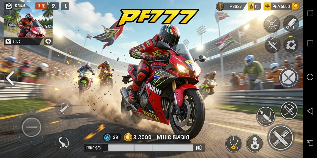 Screenshot gameplay PF777 menampilkan balapan motor mendebarkan dengan trek yang menantang.