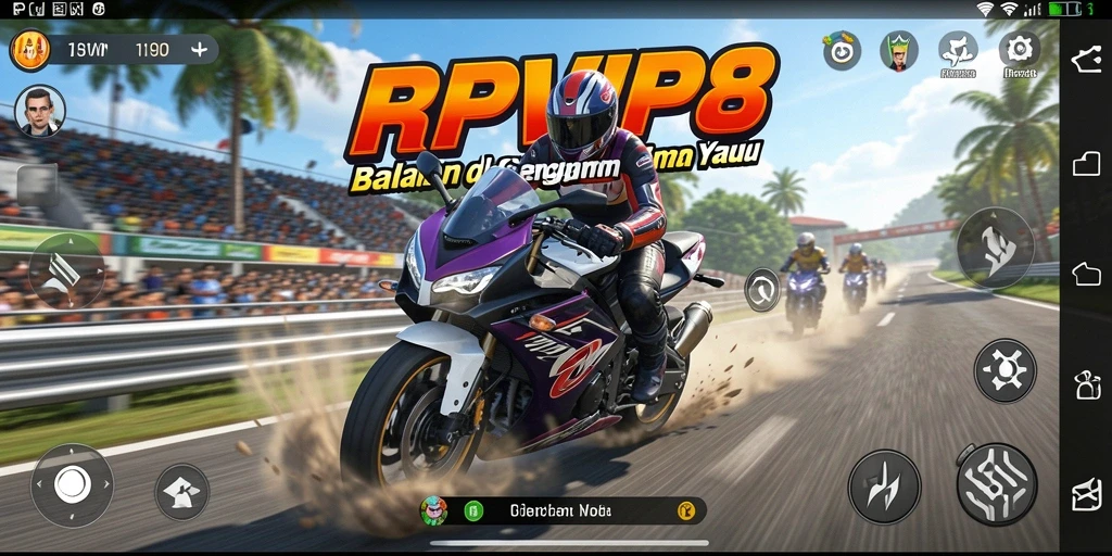 Screenshot gameplay RPVIP8 menunjukkan aksi balapan motor yang mendebarkan.