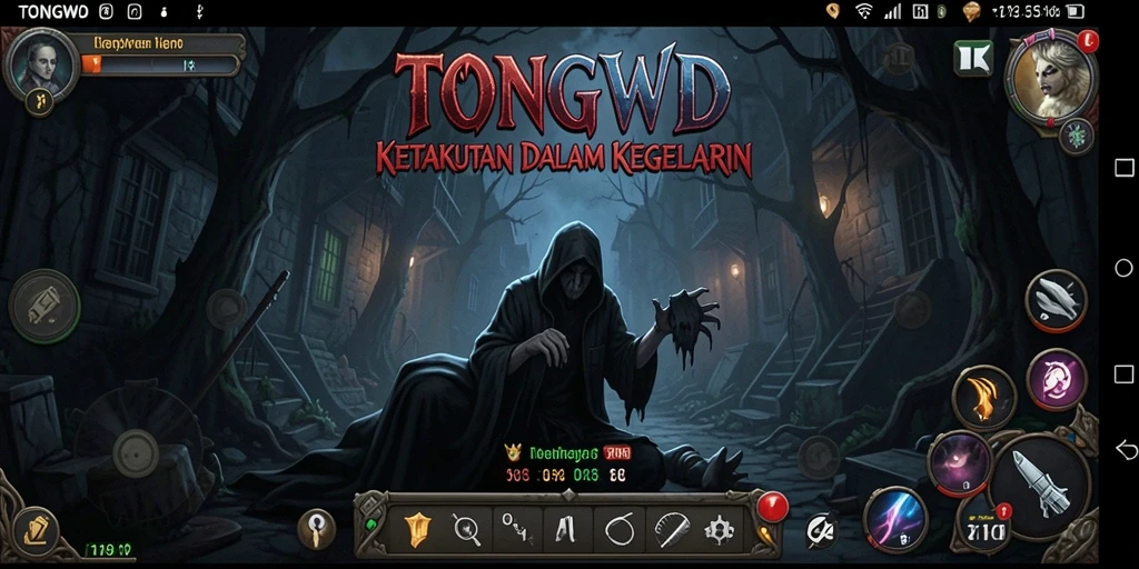 Screenshot gameplay TONGWD menunjukkan suasana menakutkan di dalam hutan yang gelap.