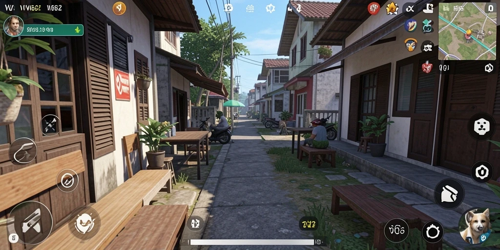 Tampilan gameplay interaktif di VV62 yang penuh dengan aktivitas sehari-hari.